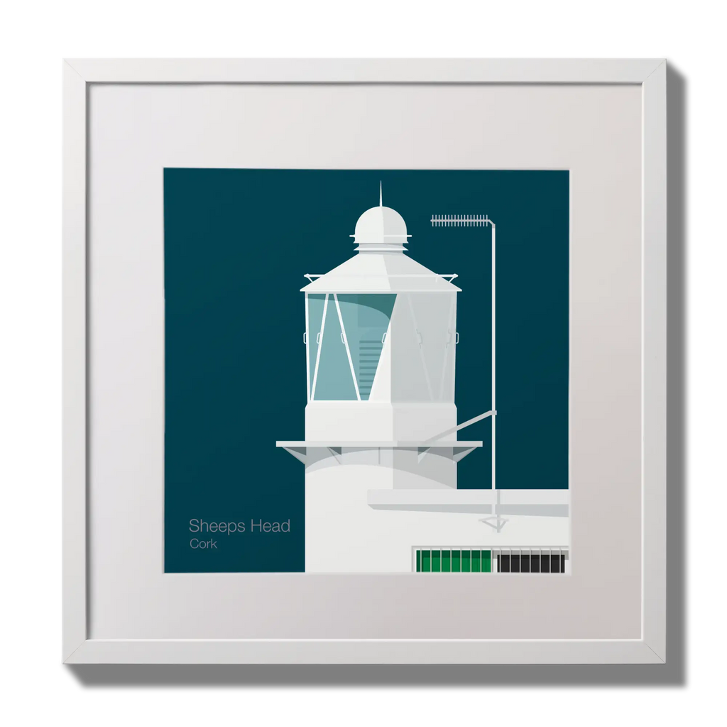 Illustration  Sheeps Head lighthouse on a midnight blue background,  in a white square frame measuring 30x30cm.
