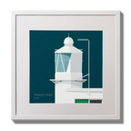 Illustration  Sheeps Head lighthouse on a midnight blue background,  in a white square frame measuring 30x30cm.