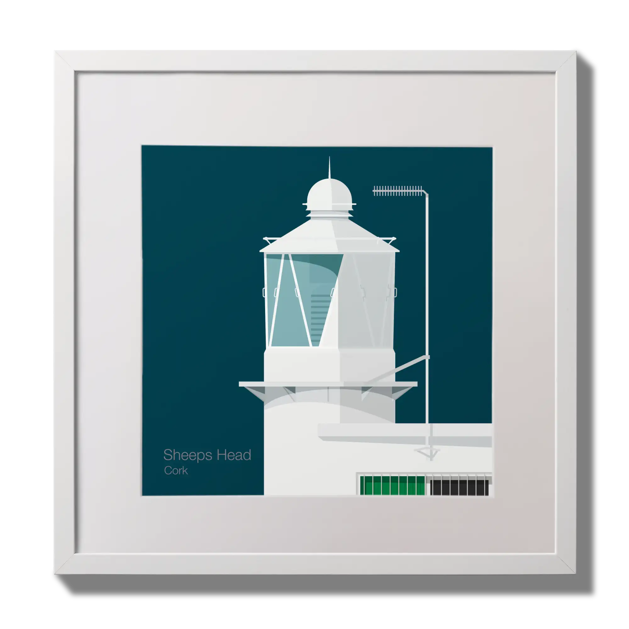 Illustration  Sheeps Head lighthouse on a midnight blue background,  in a white square frame measuring 30x30cm.