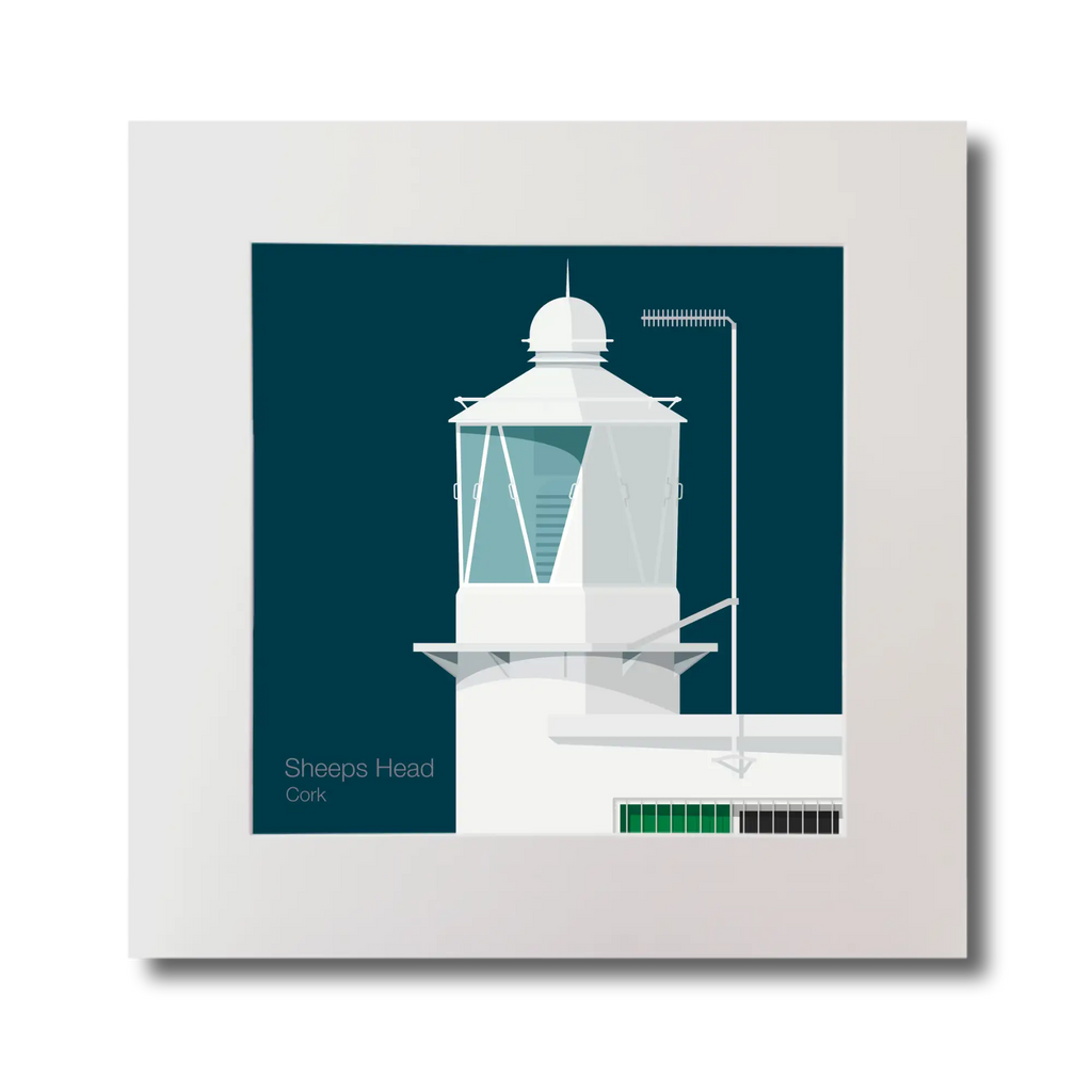 Illustration  Sheeps Head lighthouse on a midnight blue background, mounted and measuring 30x30cm.