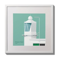 Illustration  Sheeps Head lighthouse on an ocean green background,  in a white square frame measuring 30x30cm.