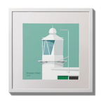 Illustration  Sheeps Head lighthouse on an ocean green background,  in a white square frame measuring 30x30cm.