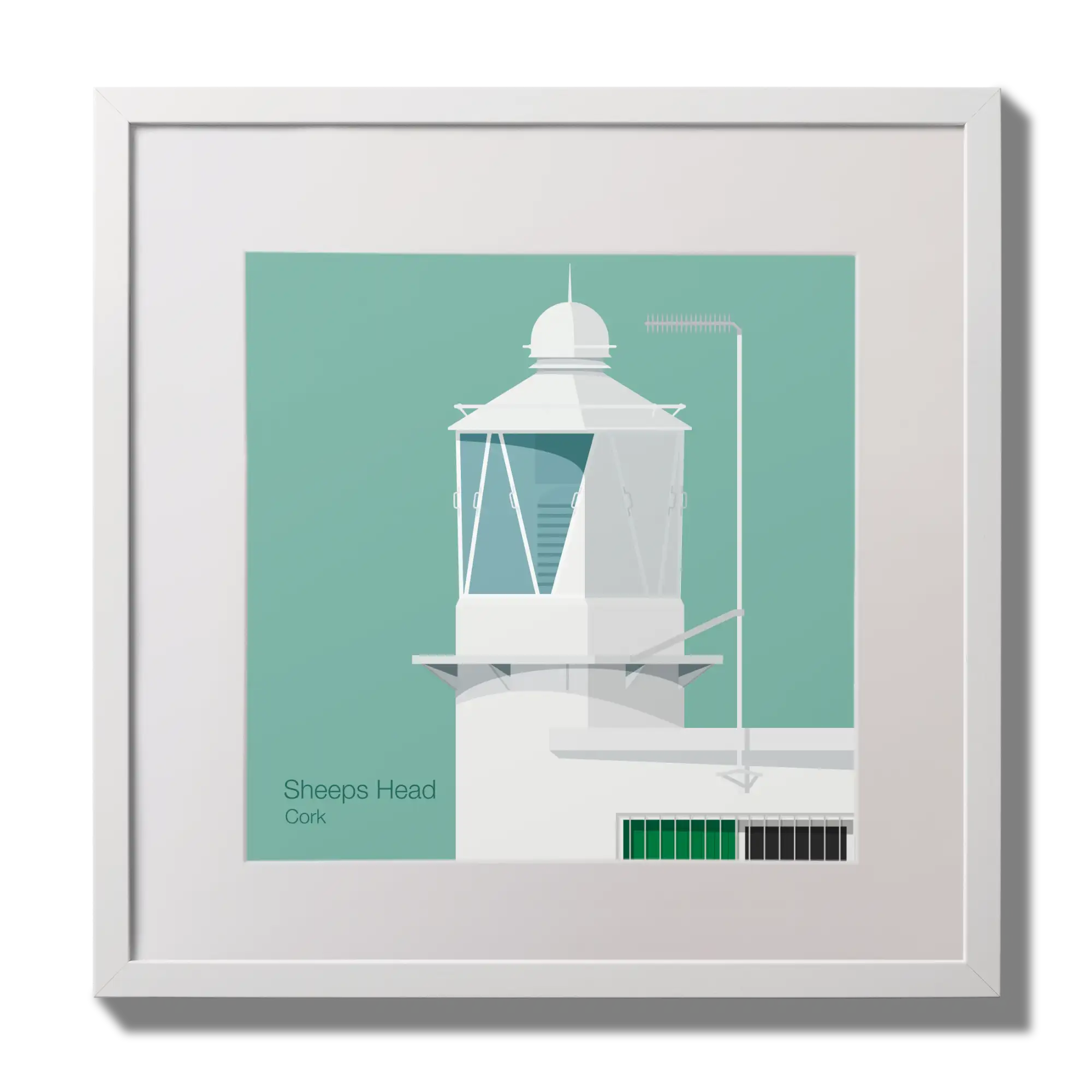 Illustration  Sheeps Head lighthouse on an ocean green background,  in a white square frame measuring 30x30cm.