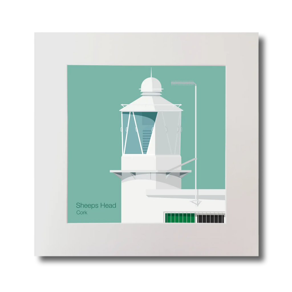 Illustration  Sheeps Head lighthouse on an ocean green background, mounted and measuring 30x30cm.