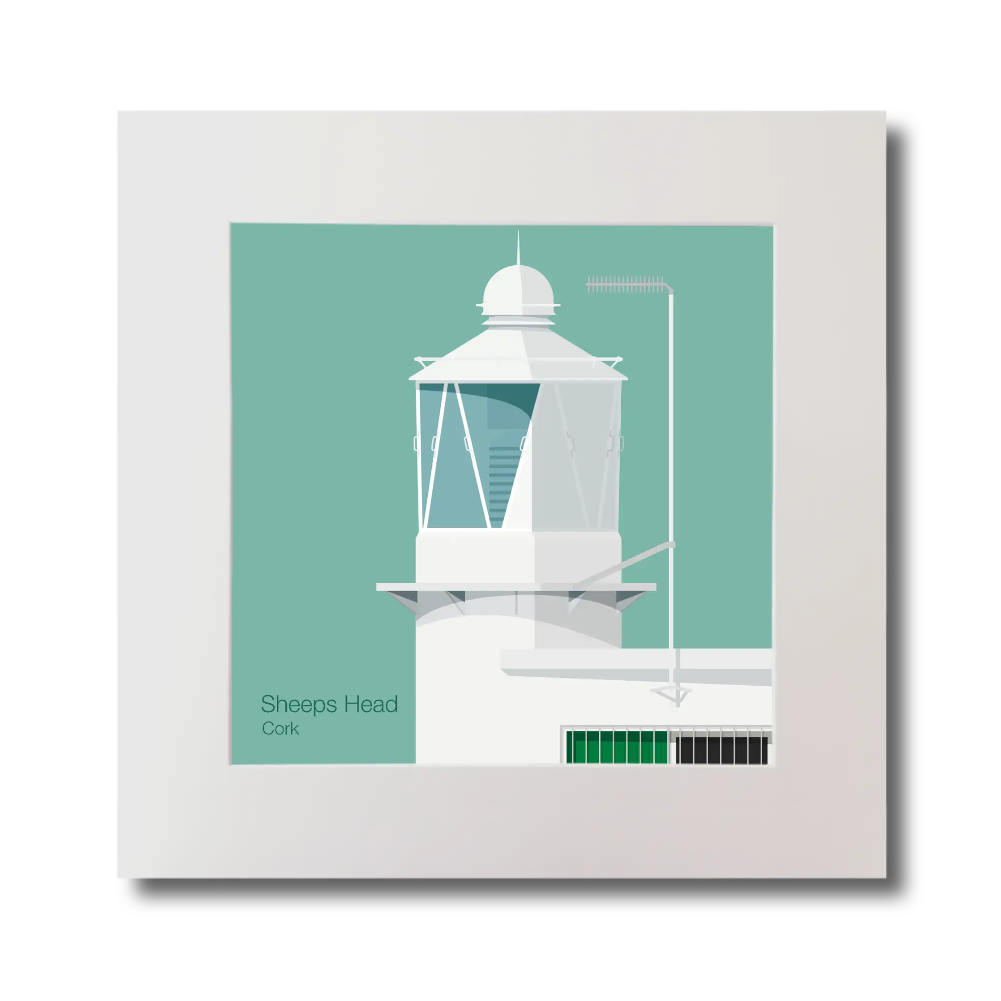 Illustration  Sheeps Head lighthouse on an ocean green background, mounted and measuring 30x30cm.