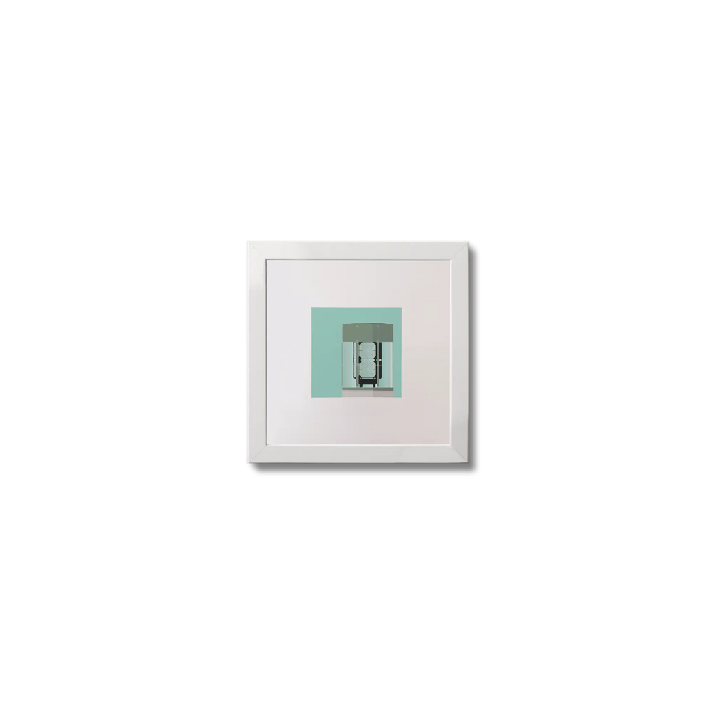 Illustration  The Great Light lighthouse on an ocean green background,  in a white square frame measuring 10x10cm.