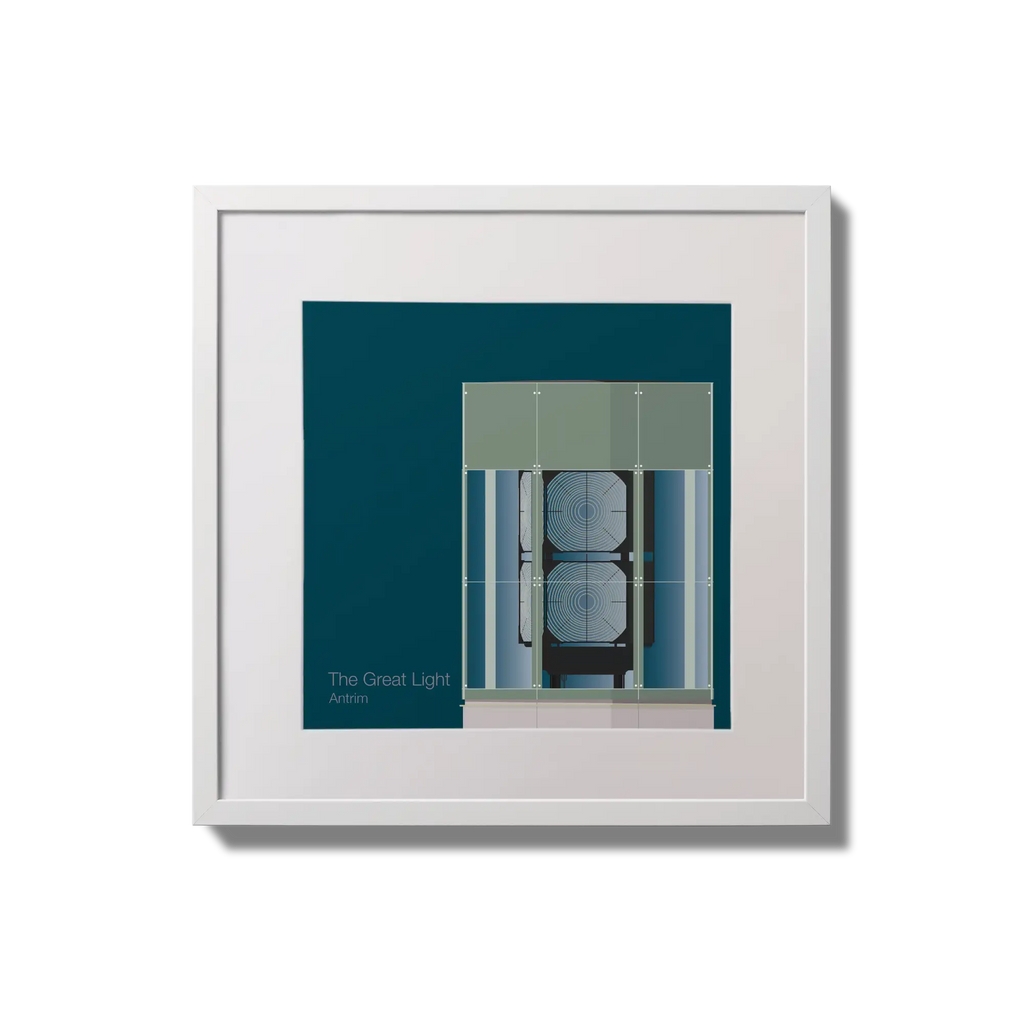 Framed wall art decoration  The Great Light lighthouse on a midnight blue background,  in a white square frame measuring 20x20cm.