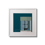 Framed wall art decoration  The Great Light lighthouse on a midnight blue background,  in a white square frame measuring 20x20cm.