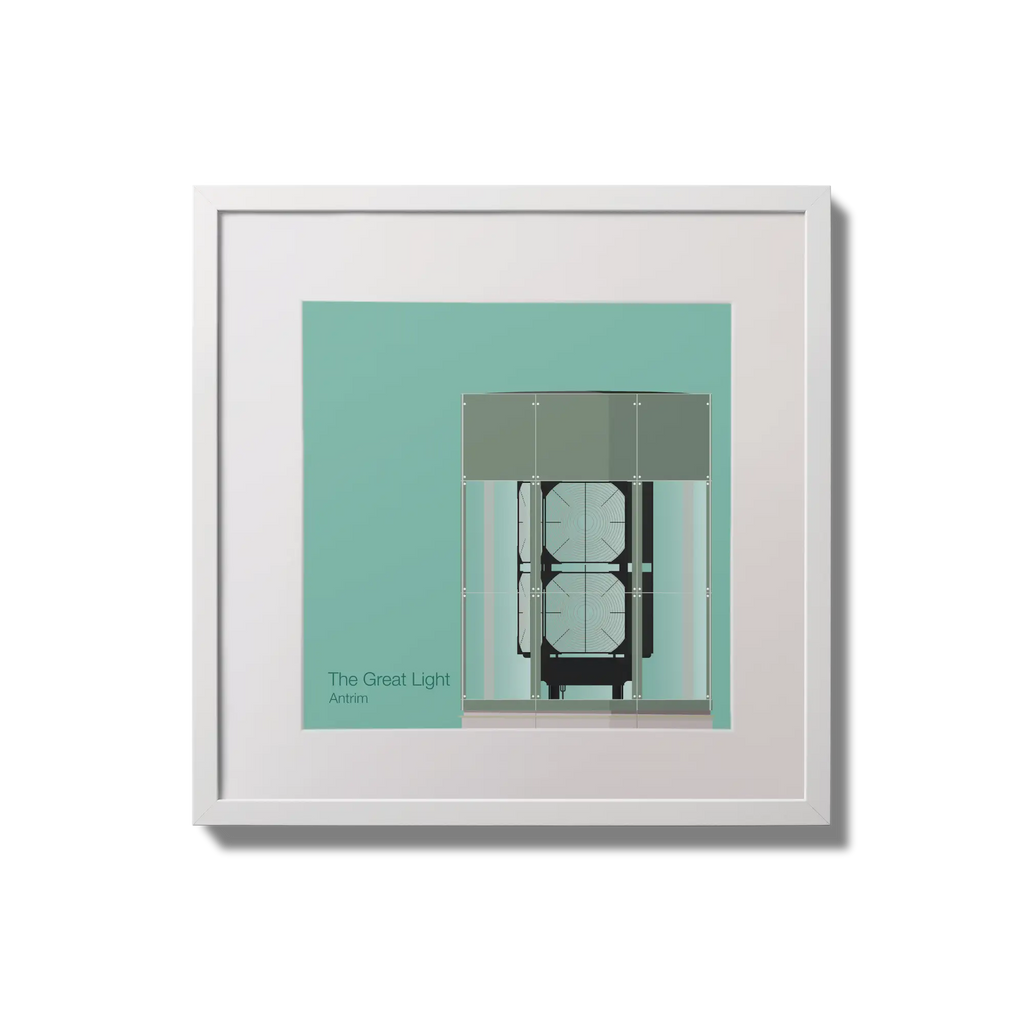 Contemporary wall hanging  The Great Light lighthouse on an ocean green background,  in a white square frame measuring 20x20cm.