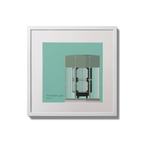 Contemporary wall hanging  The Great Light lighthouse on an ocean green background,  in a white square frame measuring 20x20cm.