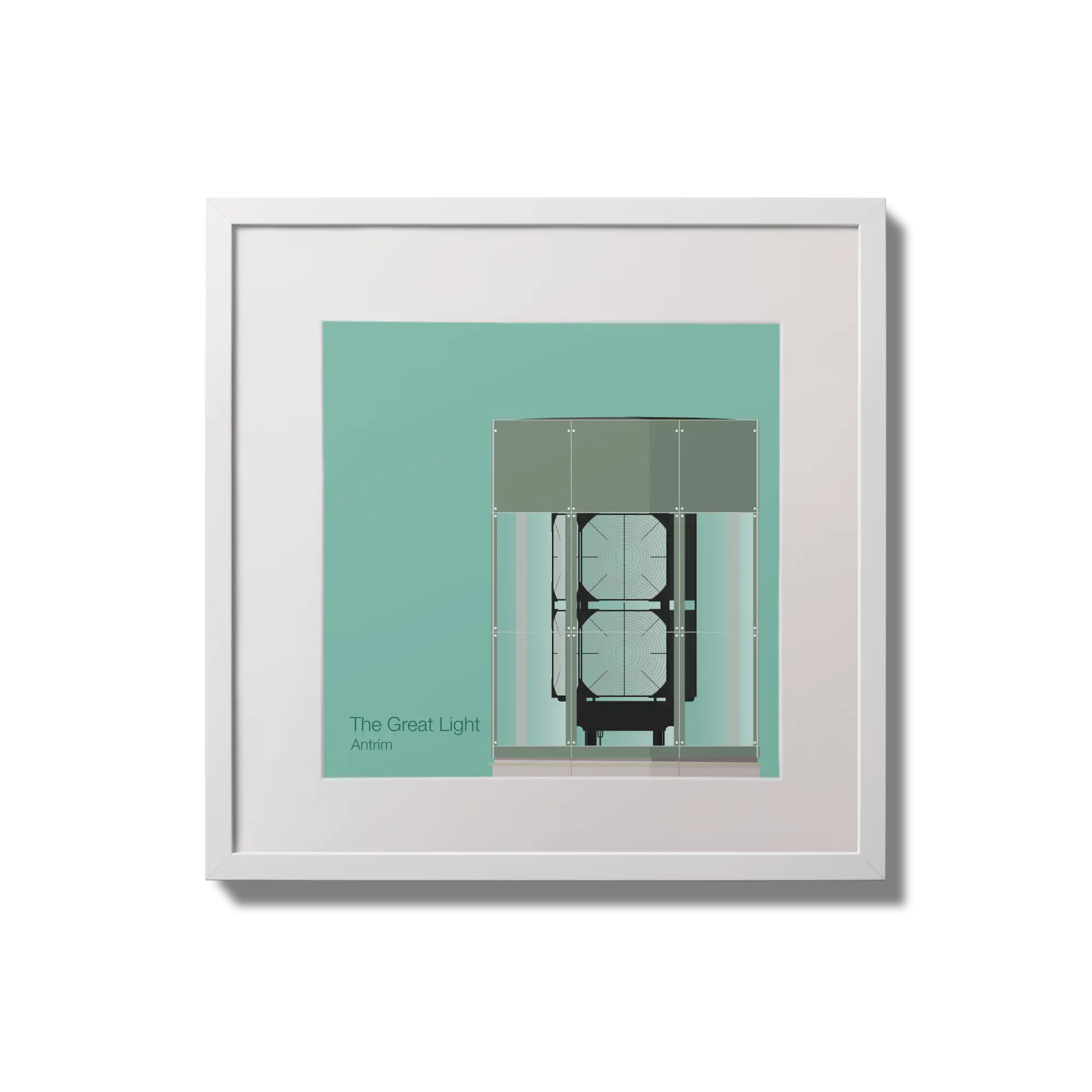 Contemporary wall hanging  The Great Light lighthouse on an ocean green background,  in a white square frame measuring 20x20cm.