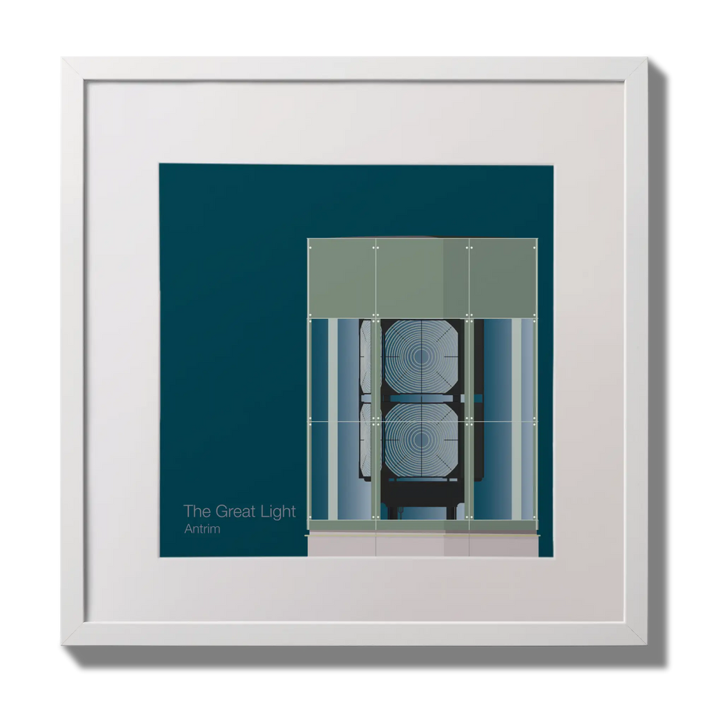 Illustration  The Great Light lighthouse on a midnight blue background,  in a white square frame measuring 30x30cm.