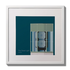 Illustration  The Great Light lighthouse on a midnight blue background,  in a white square frame measuring 30x30cm.