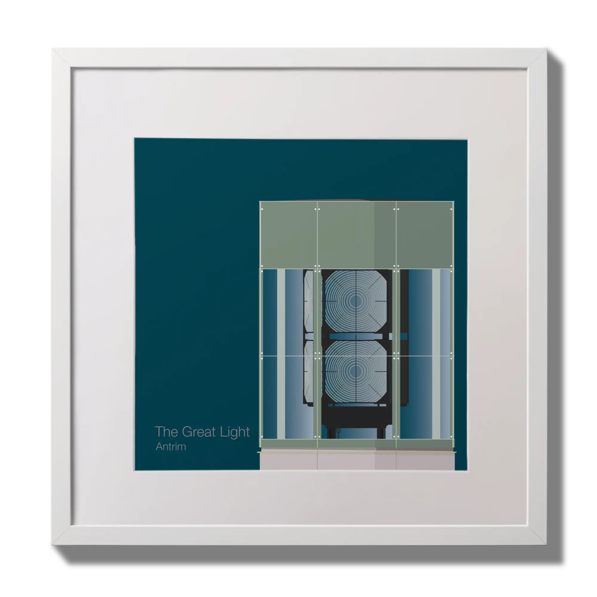 Illustration  The Great Light lighthouse on a midnight blue background,  in a white square frame measuring 30x30cm.