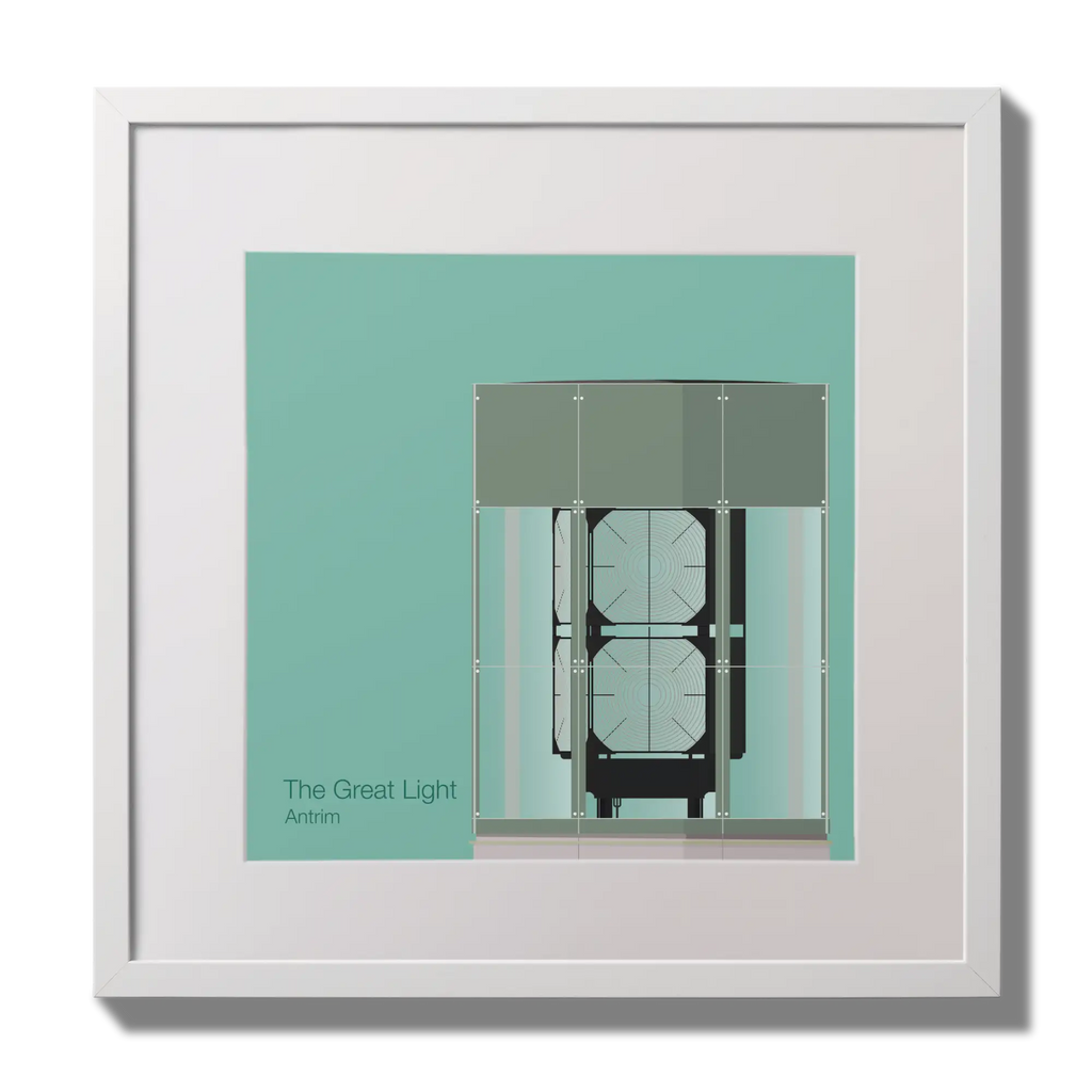 Illustration  The Great Light lighthouse on an ocean green background,  in a white square frame measuring 30x30cm.