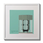 Illustration  The Great Light lighthouse on an ocean green background,  in a white square frame measuring 30x30cm.