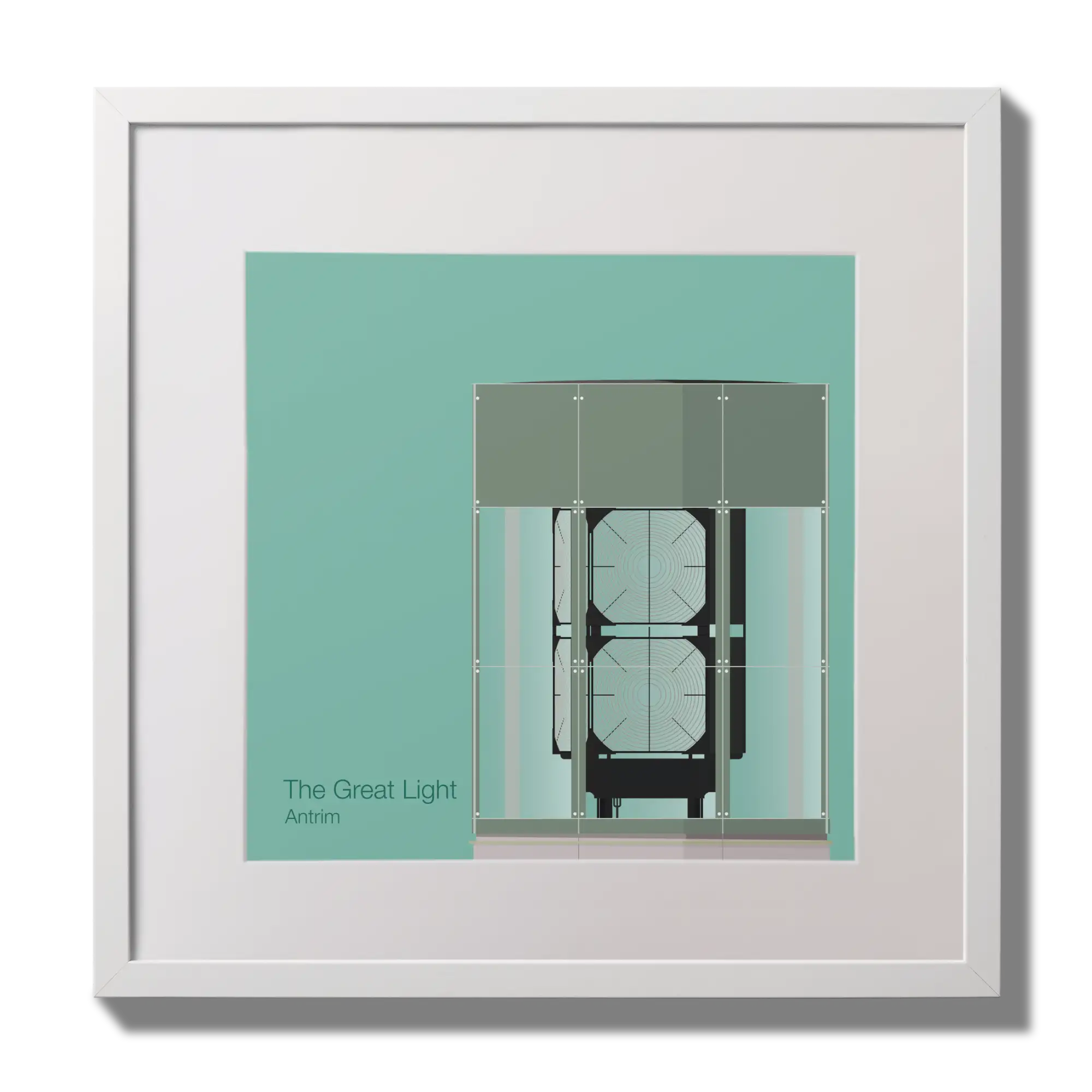 Illustration  The Great Light lighthouse on an ocean green background,  in a white square frame measuring 30x30cm.