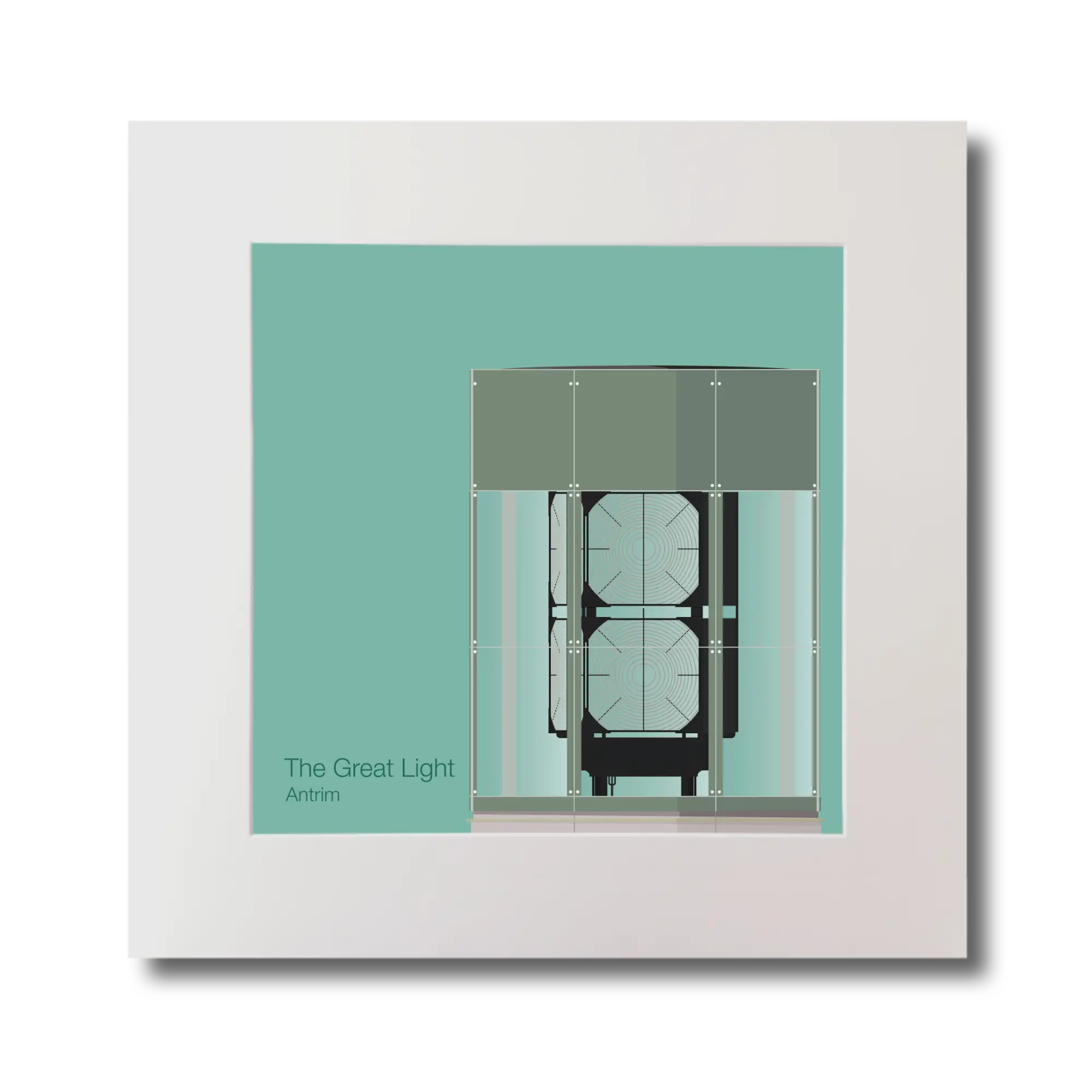 Illustration  The Great Light lighthouse on an ocean green background, mounted and measuring 30x30cm.