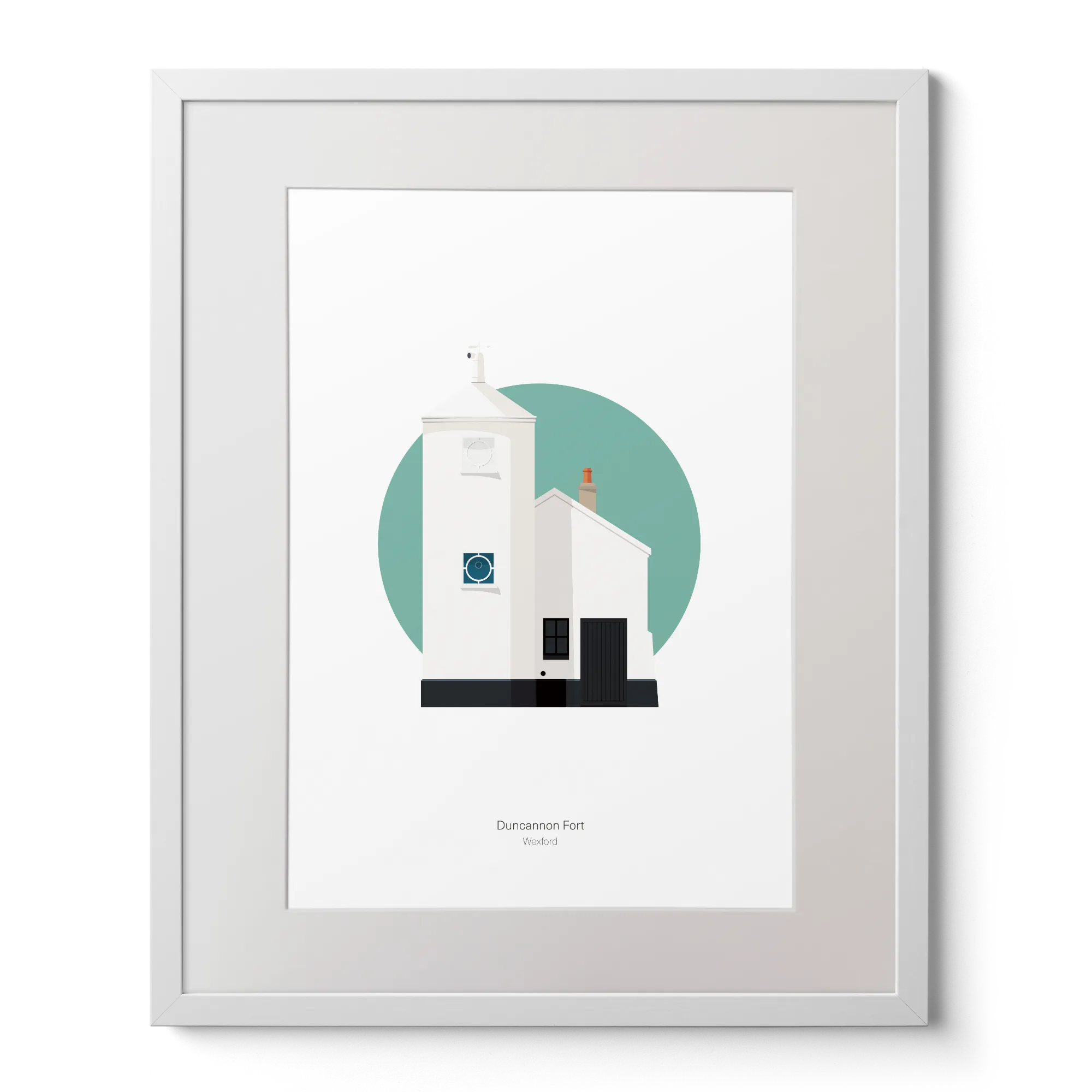 Framed artwork of a lighthouse design with a white frame on a white background