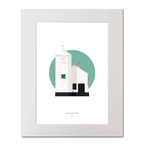 Mounted artwork of a white lighthouse with small building next to it on a green circle and white background
