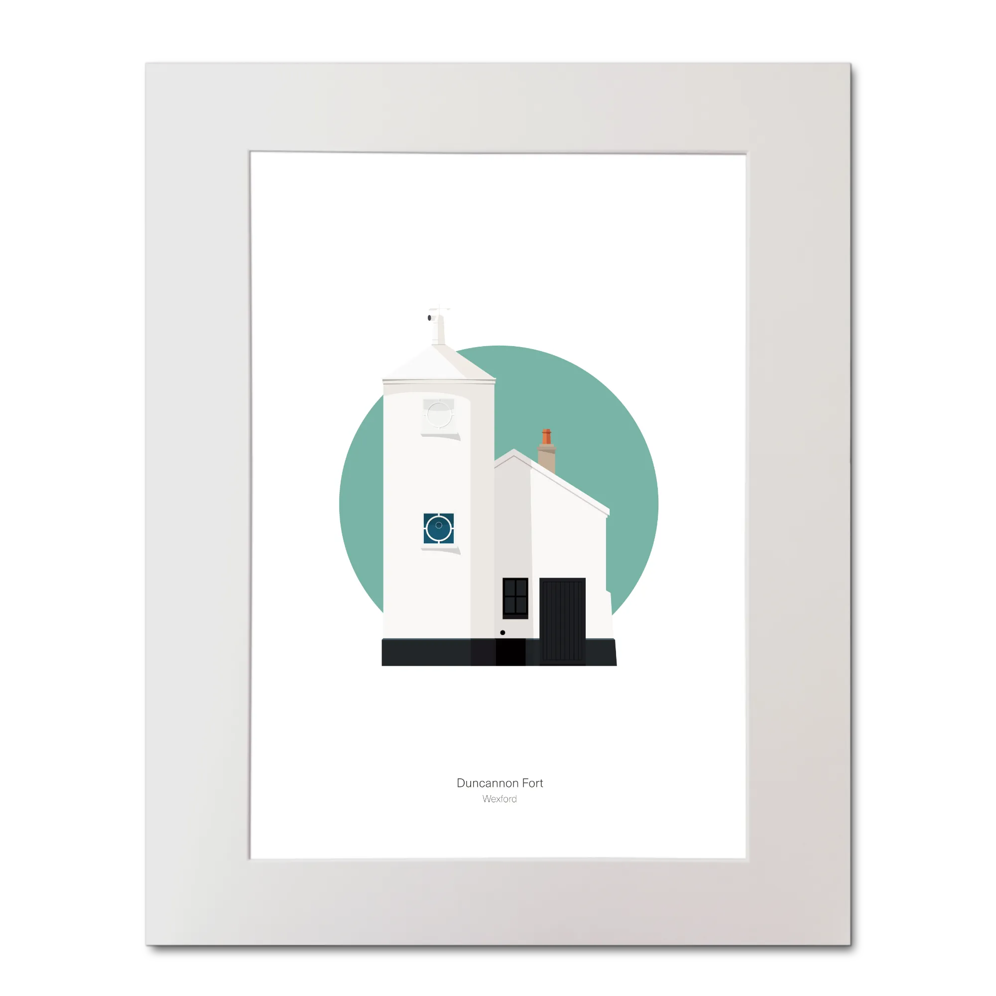 Mounted artwork of a white lighthouse with small building next to it on a green circle and white background
