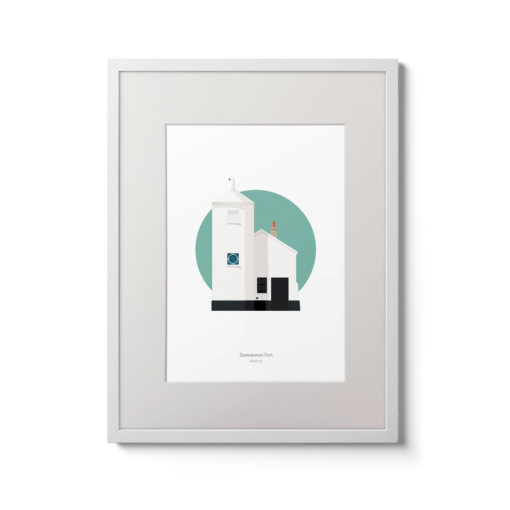 Framed artwork of a lighthouse on a green circle with a white background