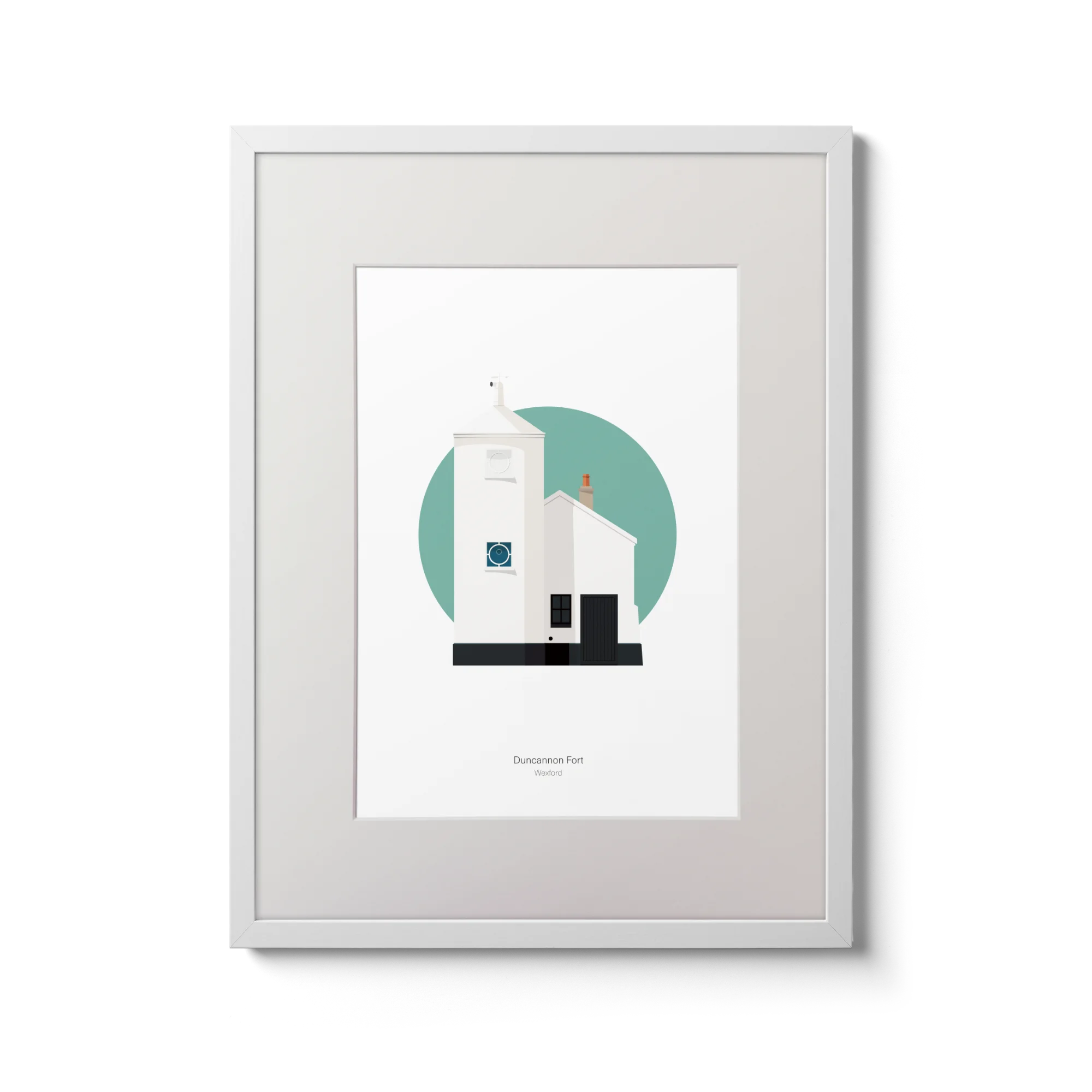 Framed artwork of a lighthouse on a green circle with a white background