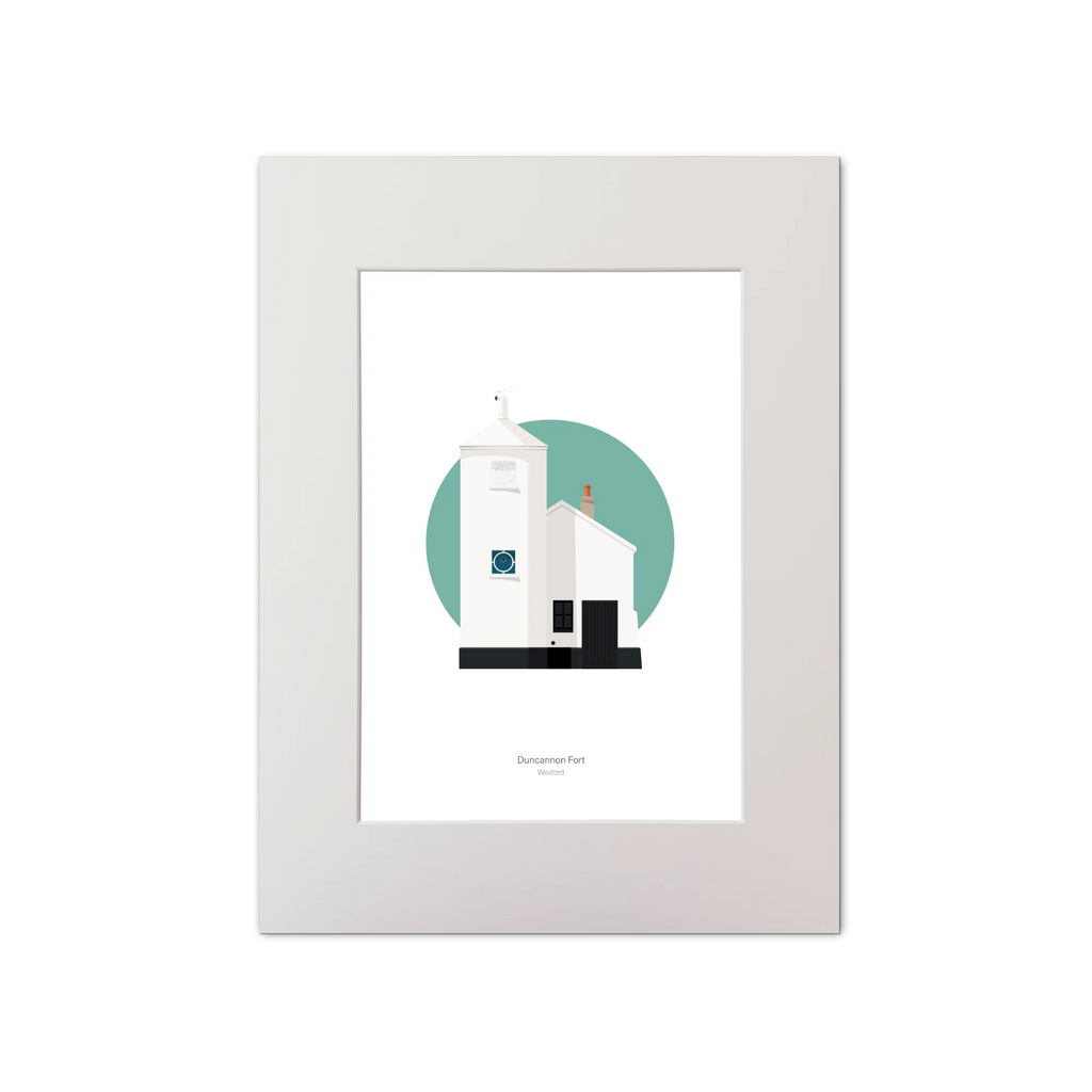 Illustrated work of a white lighthouse with small building next to it on a green circle and white background
