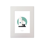 Illustrated work of a white lighthouse with small building next to it on a green circle and white background
