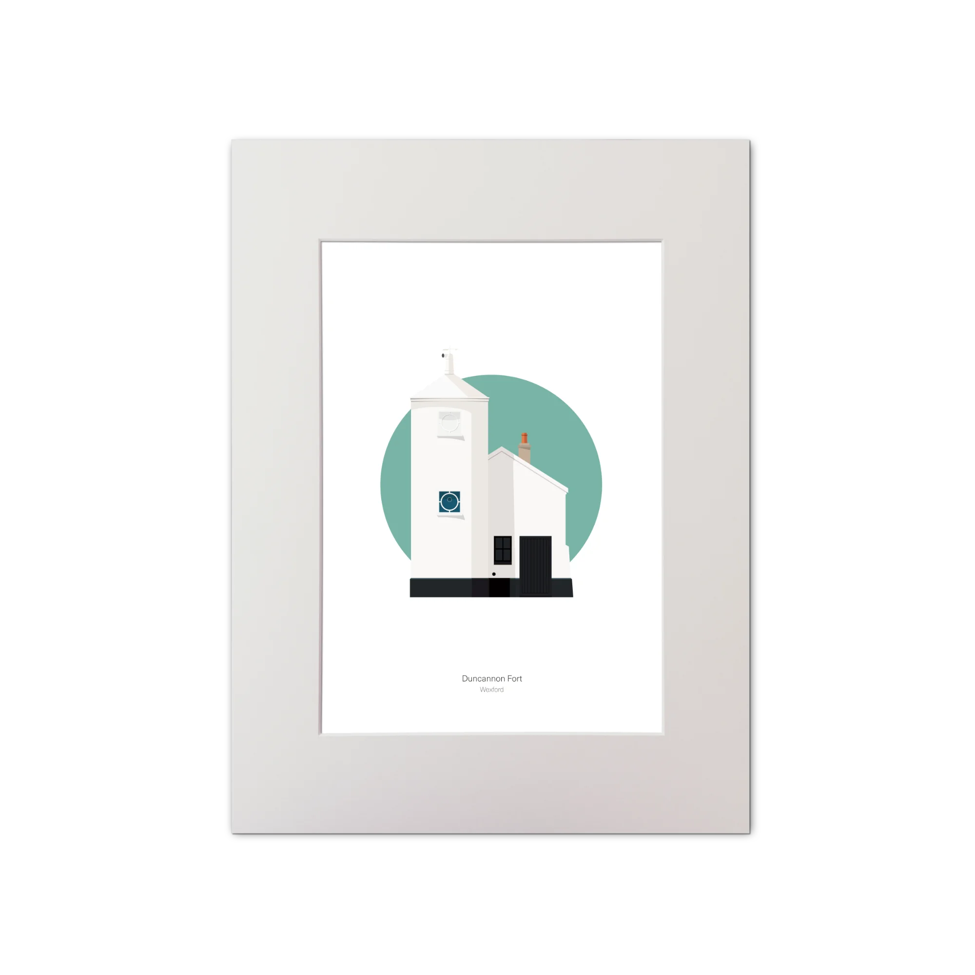 Illustrated work of a white lighthouse with small building next to it on a green circle and white background
