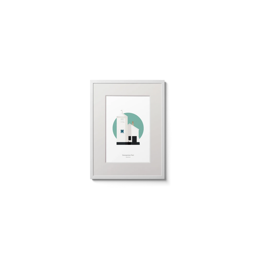 Framed artwork of a white lighthouse with small building next to it on a green circle and white background
