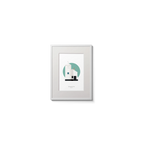 Framed artwork of a white lighthouse with small building next to it on a green circle and white background
