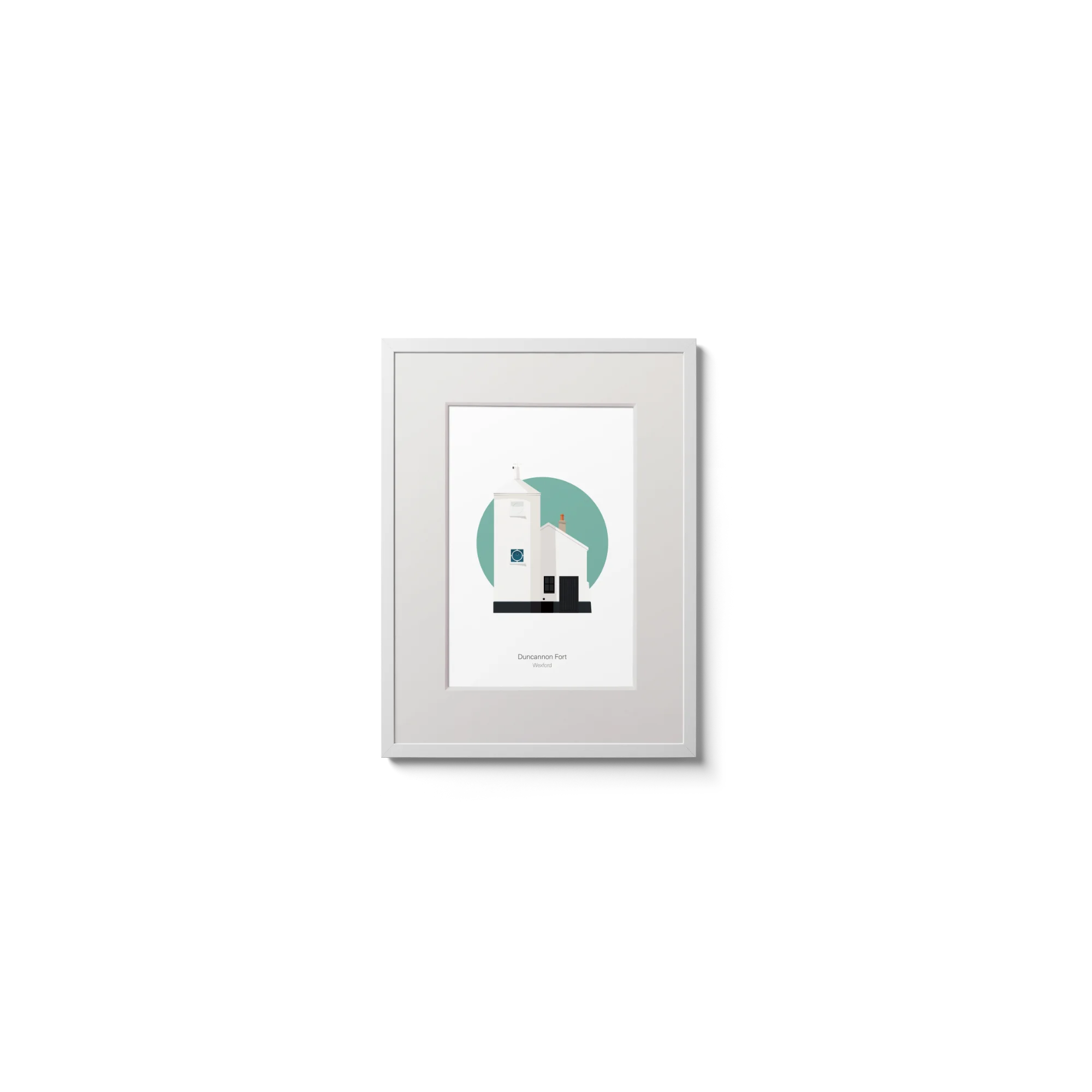 Framed artwork of a white lighthouse with small building next to it on a green circle and white background
