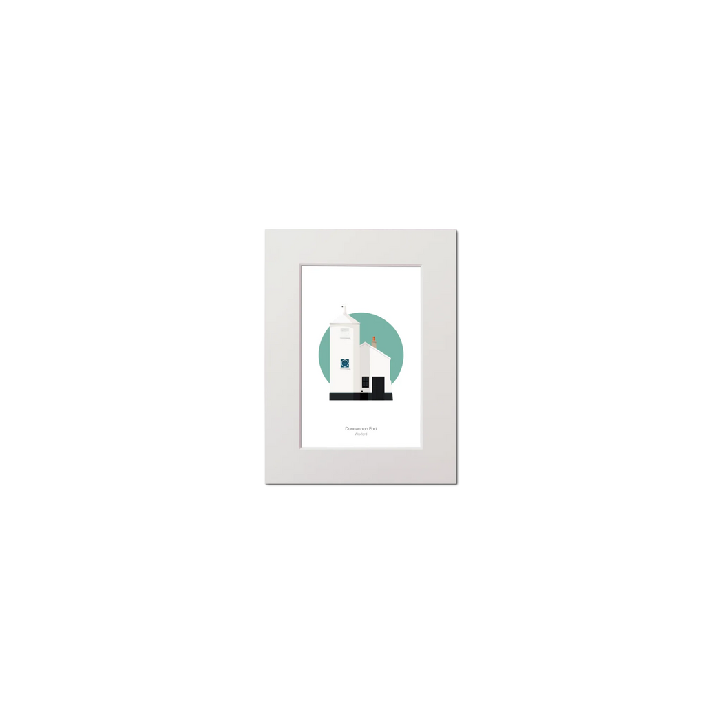 Artwork of a white lighthouse with small building next to it on a green circle and white background
