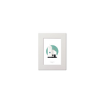 Artwork of a white lighthouse with small building next to it on a green circle and white background
