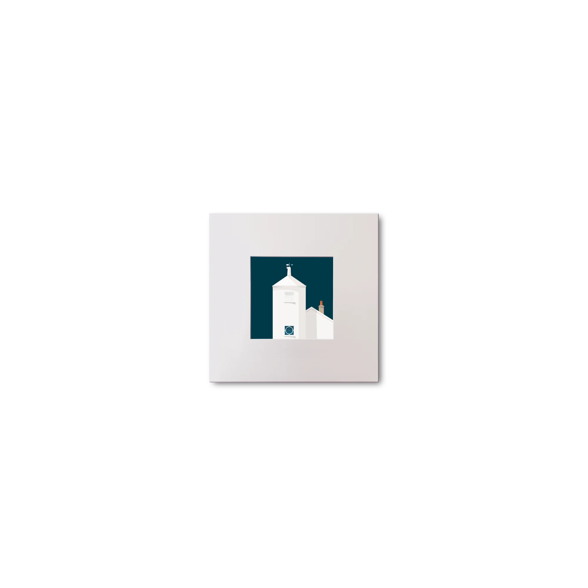 Small artwork of a white lighthouse with small building next to it on a midnight blue background