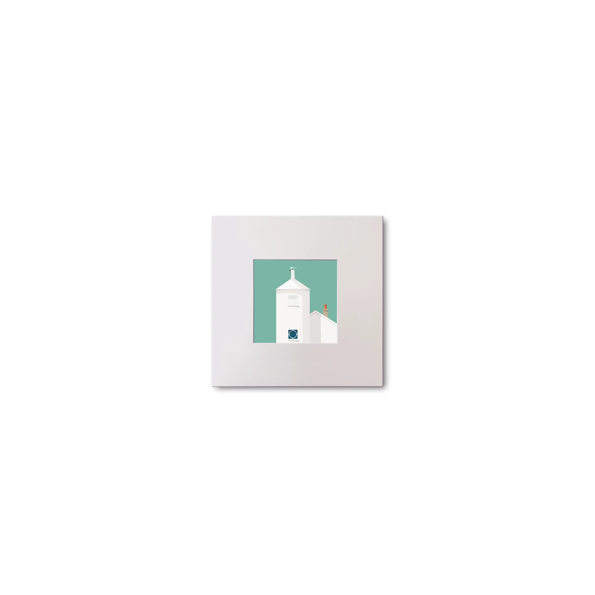 Artwork of a white lighthouse with small building next to it on an ocean green background