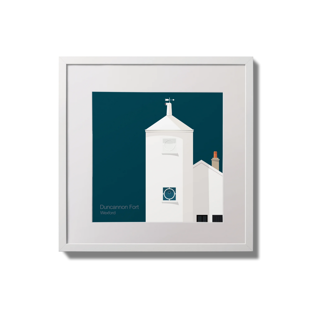 Medium sized framed artwork of a white lighthouse with small building next to it on a midnight blue background
