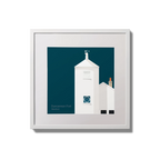 Medium sized framed artwork of a white lighthouse with small building next to it on a midnight blue background