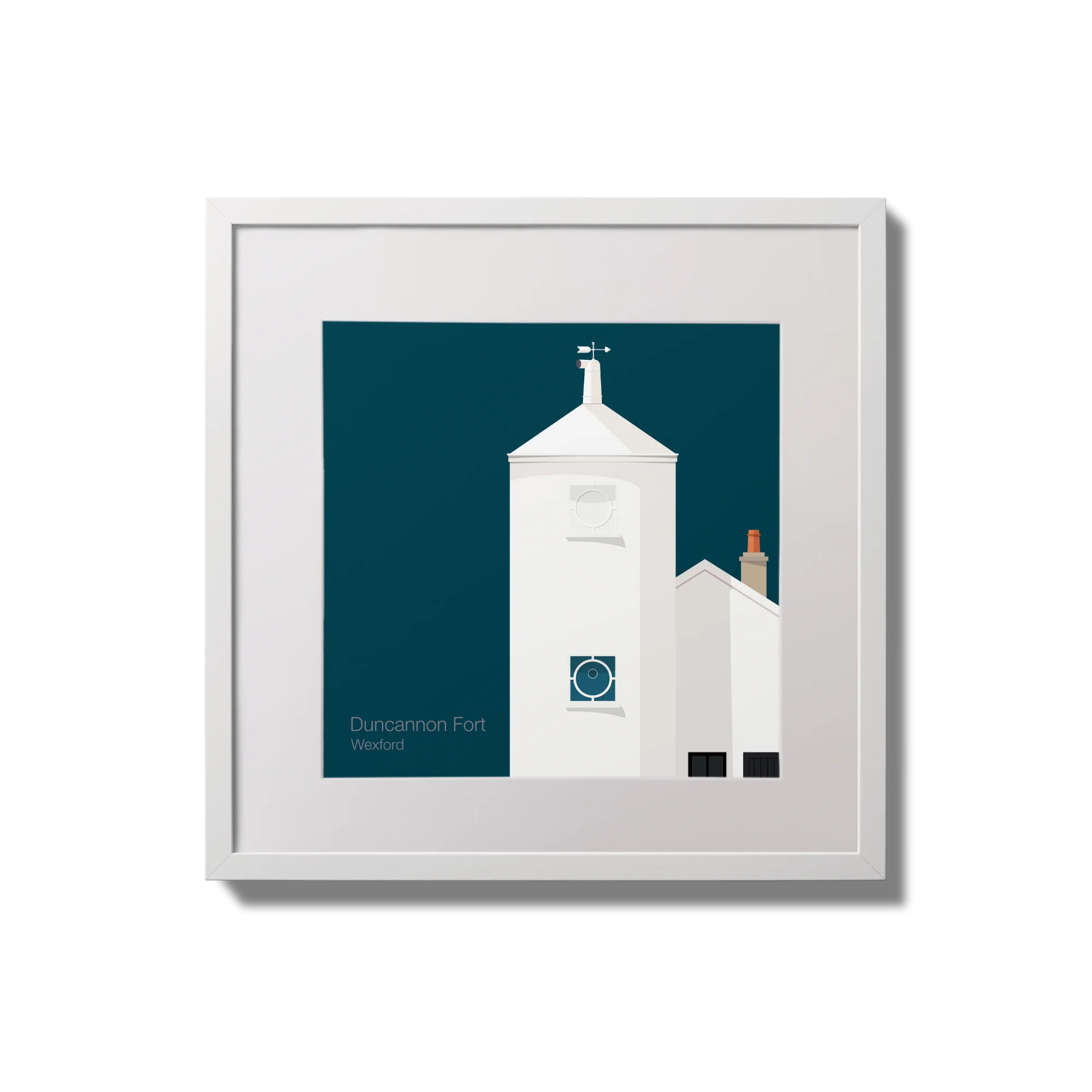 Medium sized framed artwork of a white lighthouse with small building next to it on a midnight blue background