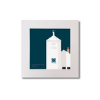 Artwork of a white lighthouse with small building next to it on a midnight blue background