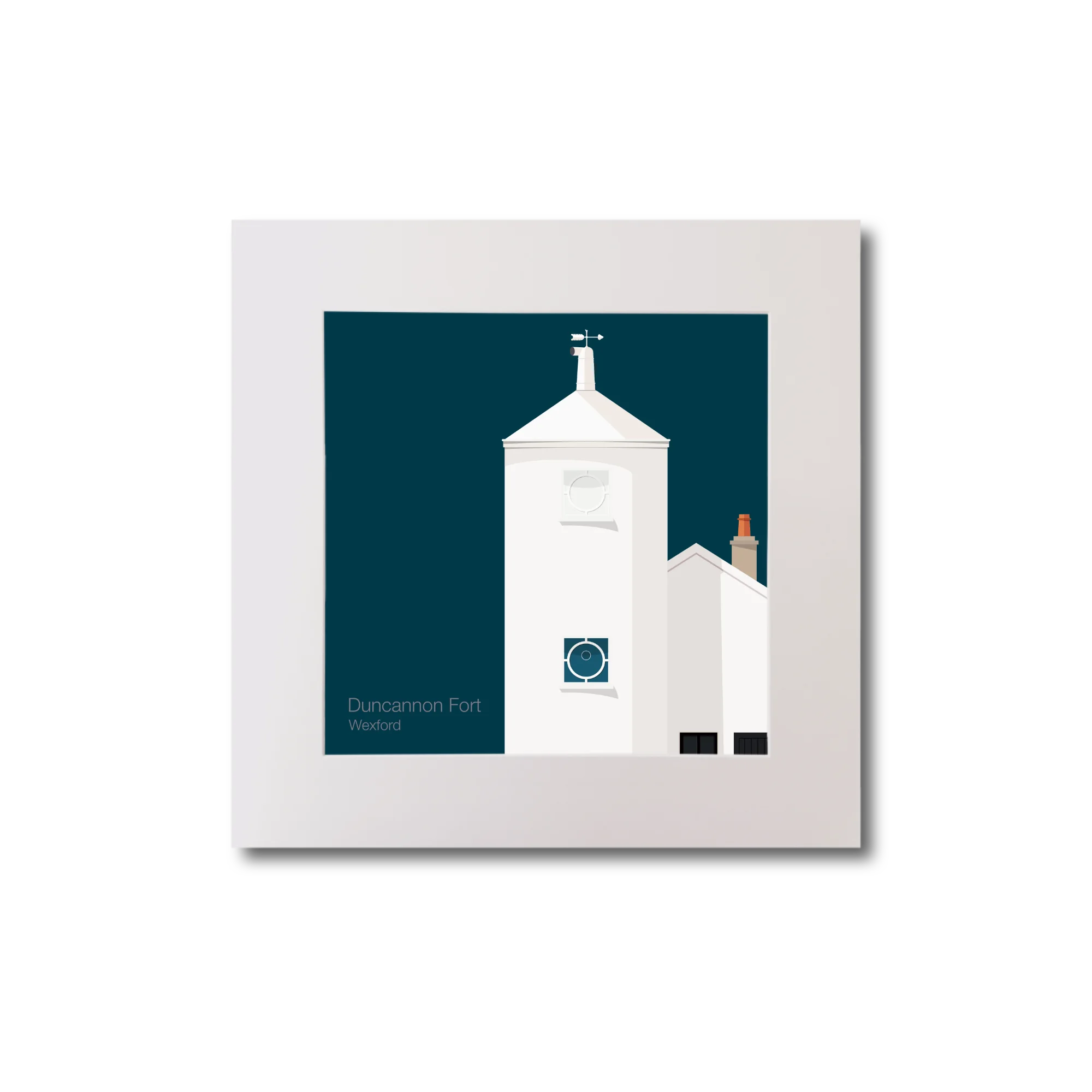 Artwork of a white lighthouse with small building next to it on a midnight blue background