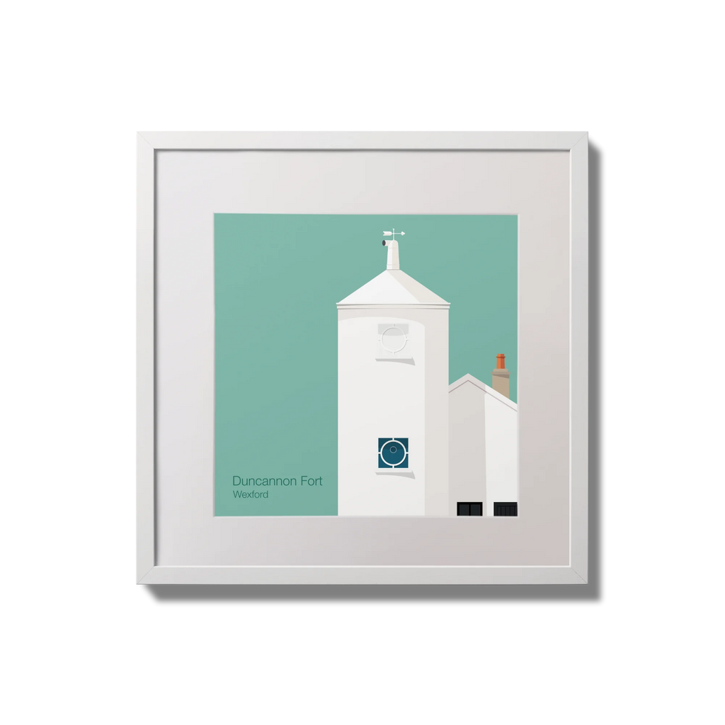 Framed artwork of a white lighthouse with small building next to it on an ocean green background