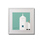Framed artwork of a white lighthouse with small building next to it on an ocean green background