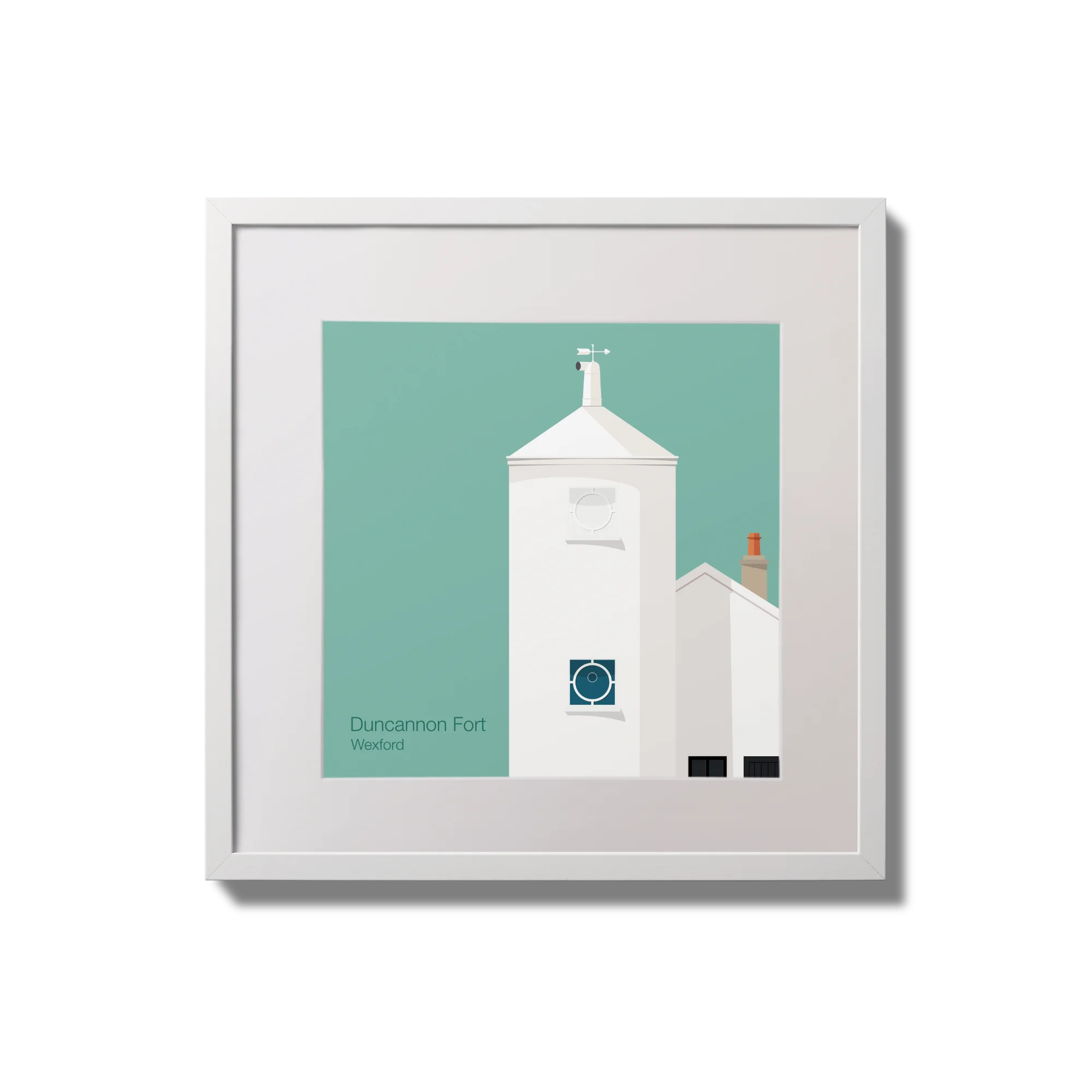 Framed artwork of a white lighthouse with small building next to it on an ocean green background