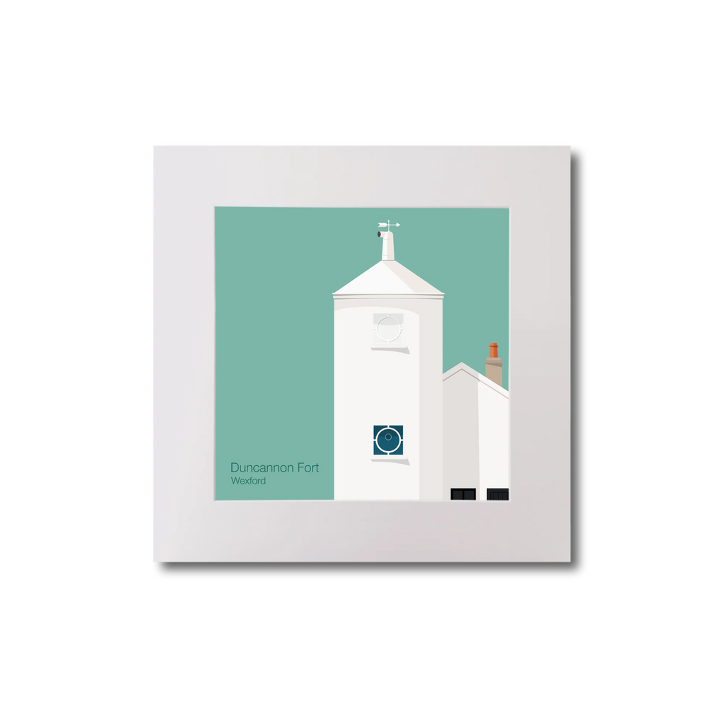 Artwork of a white lighthouse with small building next to it on an ocean green background