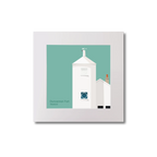 Artwork of a white lighthouse with small building next to it on an ocean green background