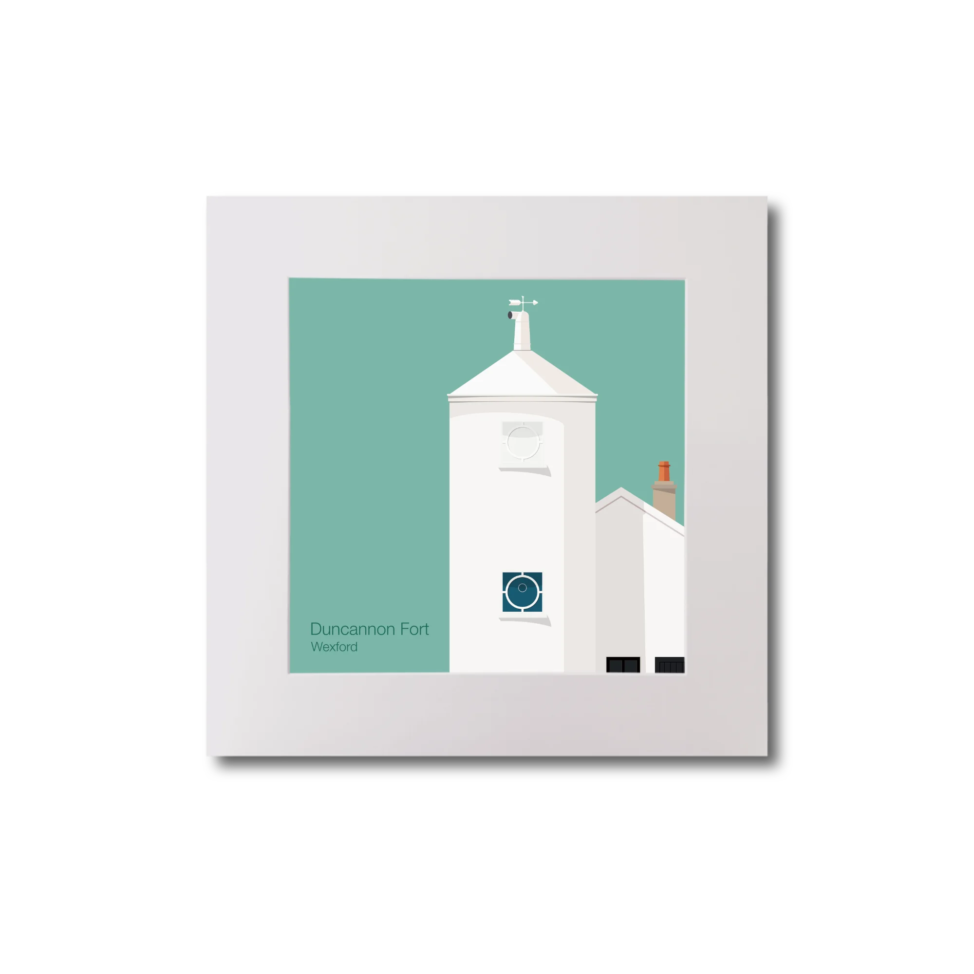 Artwork of a white lighthouse with small building next to it on an ocean green background