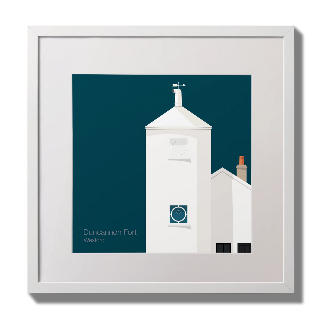 Framed artwork of a white lighthouse with small building next to it on a midnight blue background