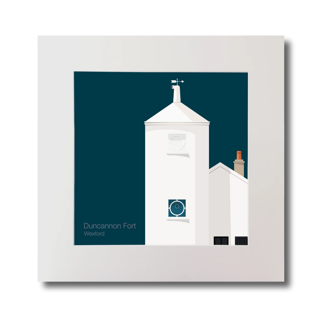 Artwork of a white lighthouse with small building next to it on a midnight blue background